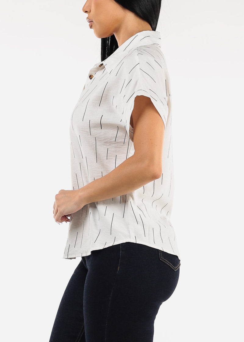 Short Sleeve Button Down Printed Collared Blouse Ivory