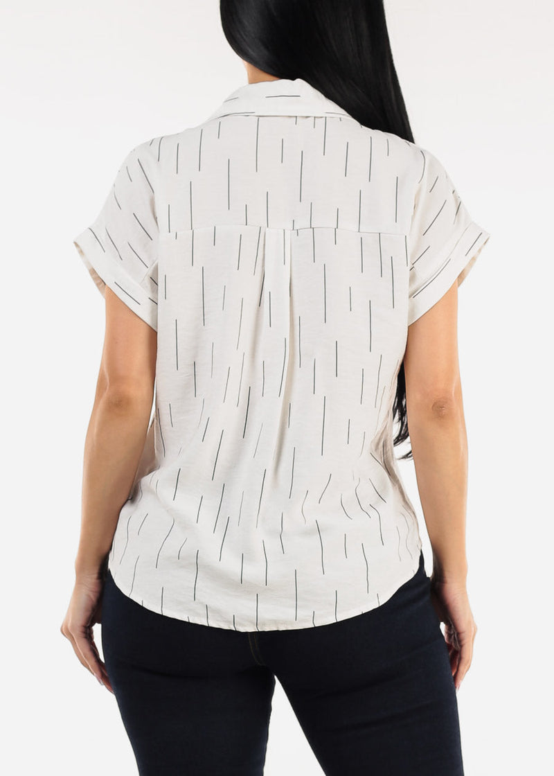 Short Sleeve Button Down Printed Collared Blouse Ivory