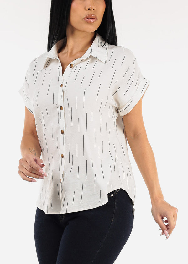 Short Sleeve Button Down Printed Collared Blouse Ivory