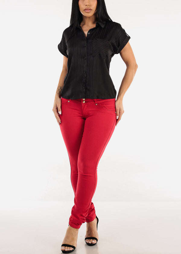 Satin Short Sleeve Stripe Collared Blouse Black