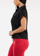 Satin Short Sleeve Stripe Collared Blouse Black