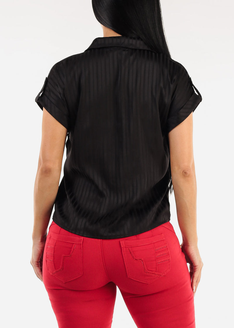 Satin Short Sleeve Stripe Collared Blouse Black