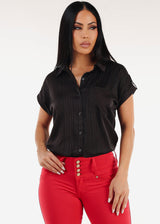 Satin Short Sleeve Stripe Collared Blouse Black