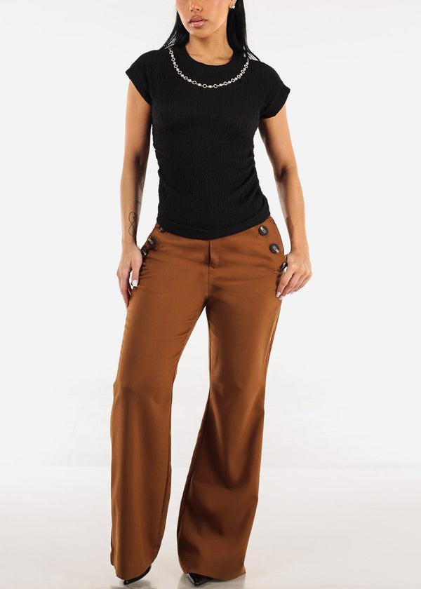 Stretchy Short Sleeve Ruched Black Blouse w Necklace