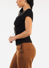Stretchy Short Sleeve Ruched Black Blouse w Necklace