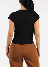 Stretchy Short Sleeve Ruched Black Blouse w Necklace