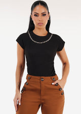 Stretchy Short Sleeve Ruched Black Blouse w Necklace