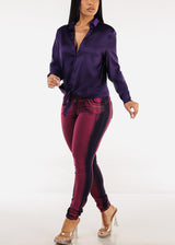 Stretch Satin Deep V-Neck Collared Blouse Purple