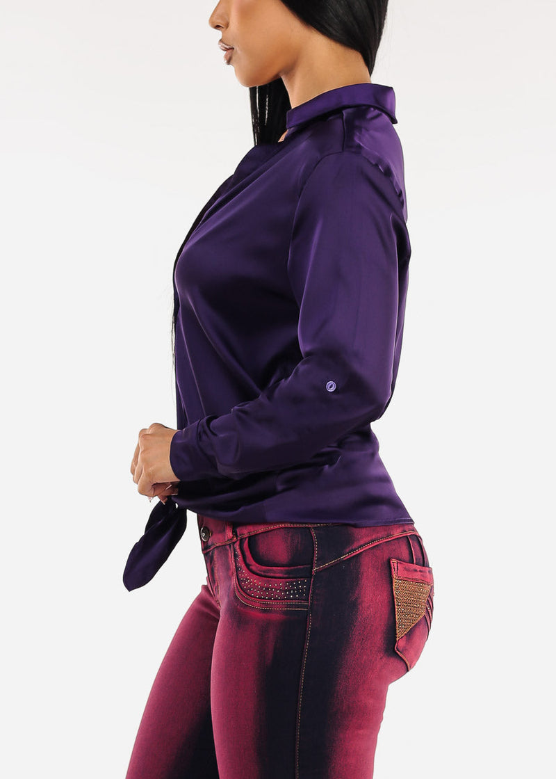 Stretch Satin Deep V-Neck Collared Blouse Purple