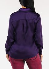 Stretch Satin Deep V-Neck Collared Blouse Purple