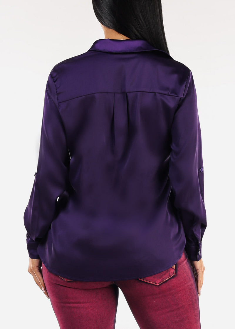 Stretch Satin Deep V-Neck Collared Blouse Purple