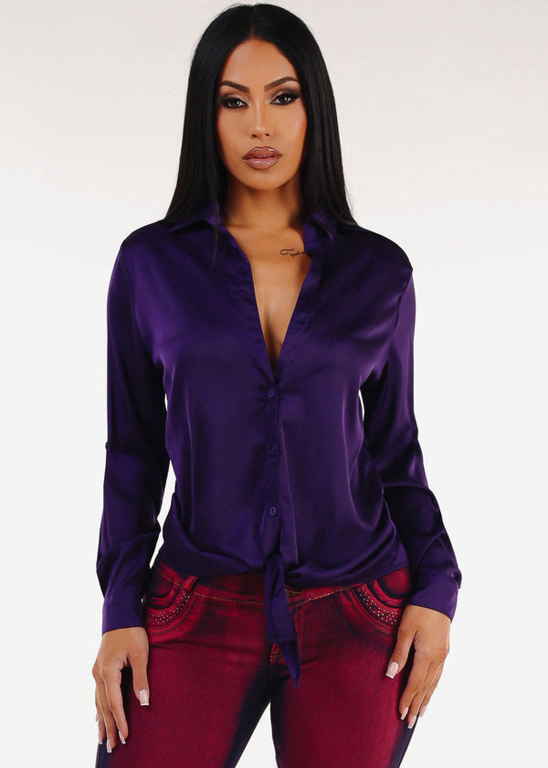 Stretch Satin Deep V-Neck Collared Blouse Purple