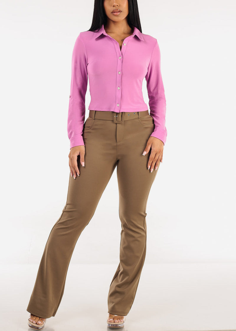 Long Sleeve Button Up Cropped Collared Blouse Candy