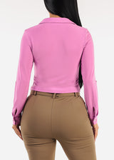 Long Sleeve Button Up Cropped Collared Blouse Candy