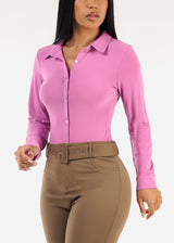 Long Sleeve Button Up Cropped Collared Blouse Candy