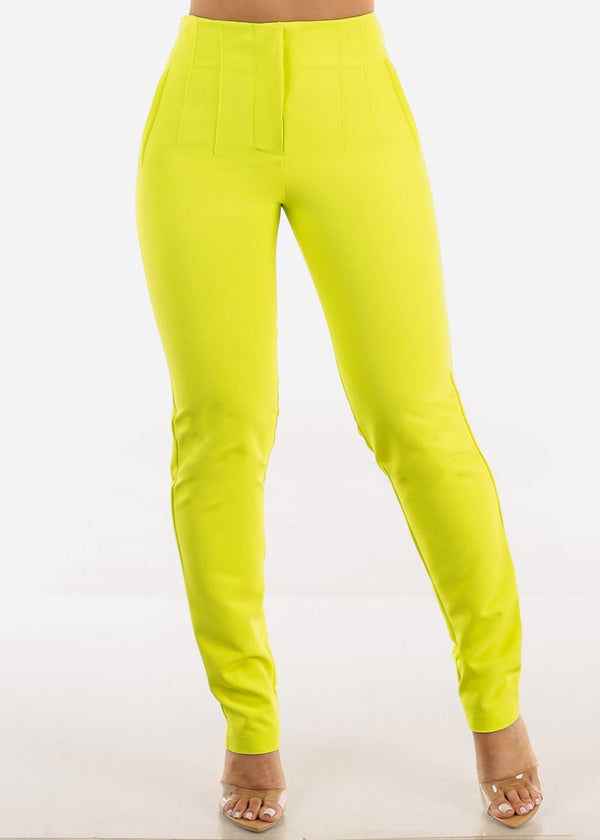 Super High Waist Straight Leg Dressy Pants Neon Lime