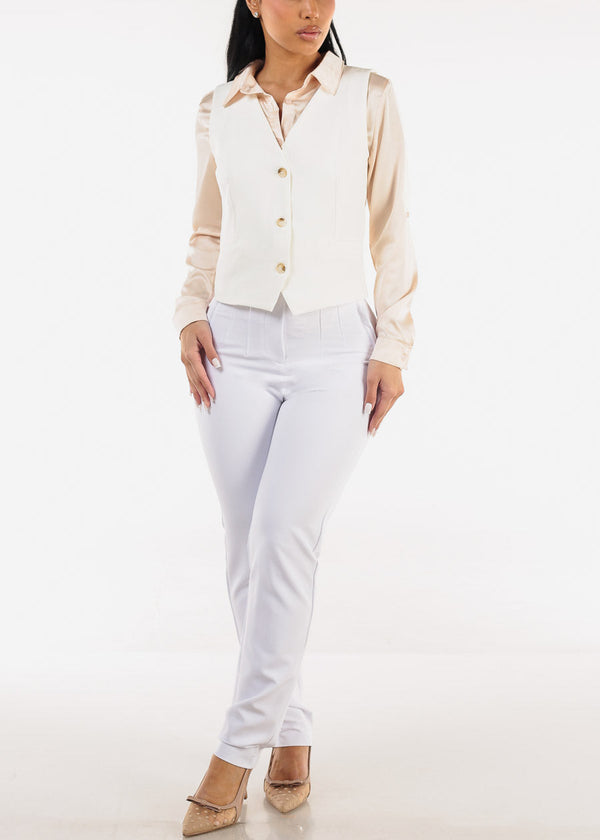Long Sleeve Button Down Satin Blouse Nude