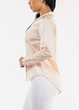 Long Sleeve Button Down Satin Blouse Nude