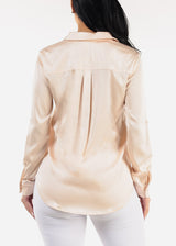 Long Sleeve Button Down Satin Blouse Nude