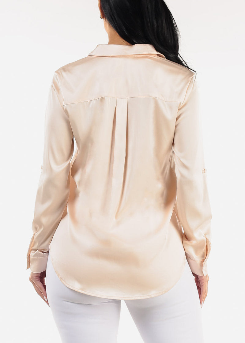 Long Sleeve Button Down Satin Blouse Nude