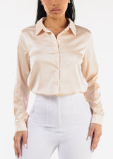 Long Sleeve Button Down Satin Blouse Nude