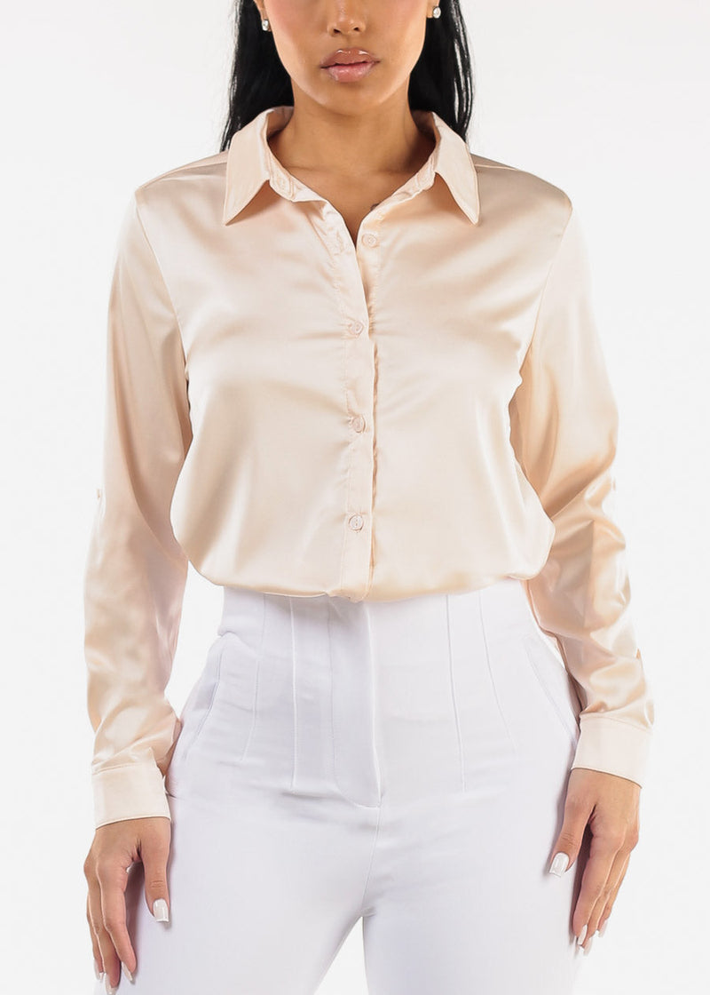 Long Sleeve Button Down Satin Blouse Nude