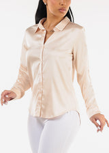 Long Sleeve Button Down Satin Blouse Nude