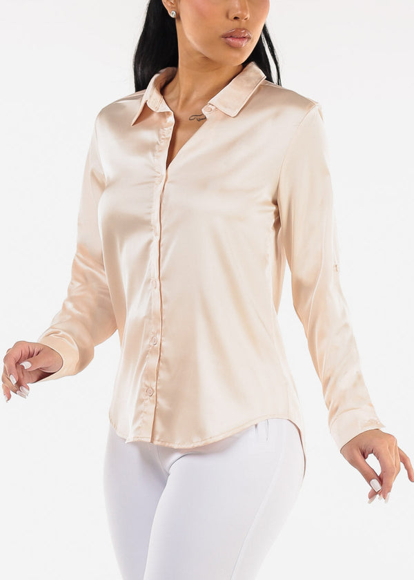 Long Sleeve Button Down Satin Blouse Nude