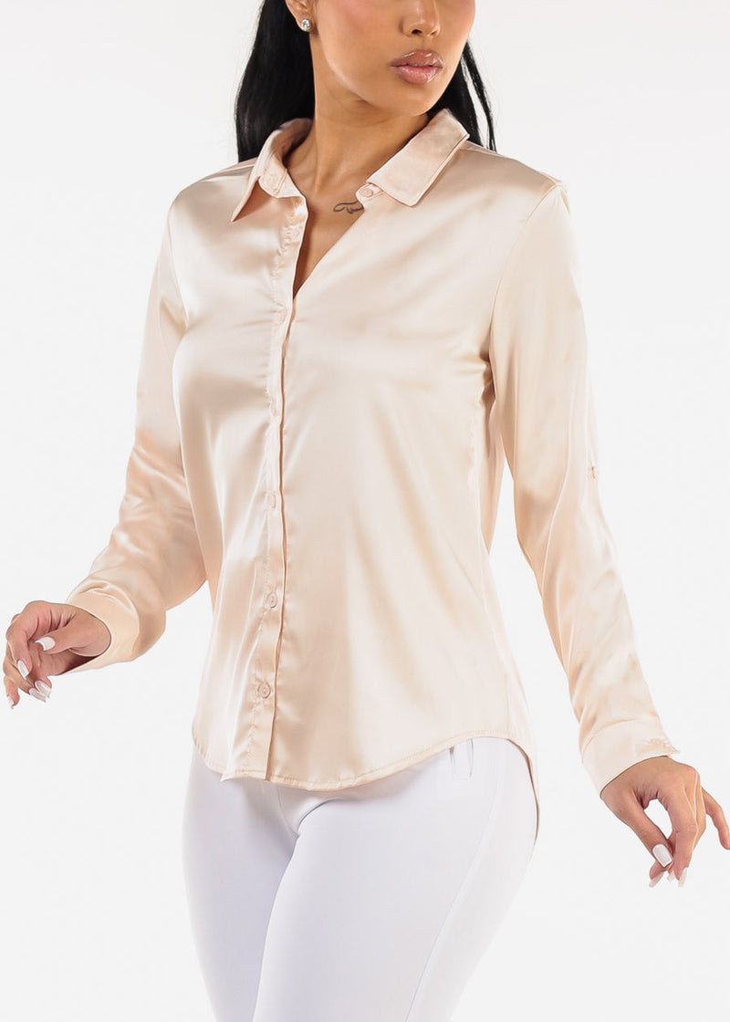 Long Sleeve Button Down Satin Blouse Nude