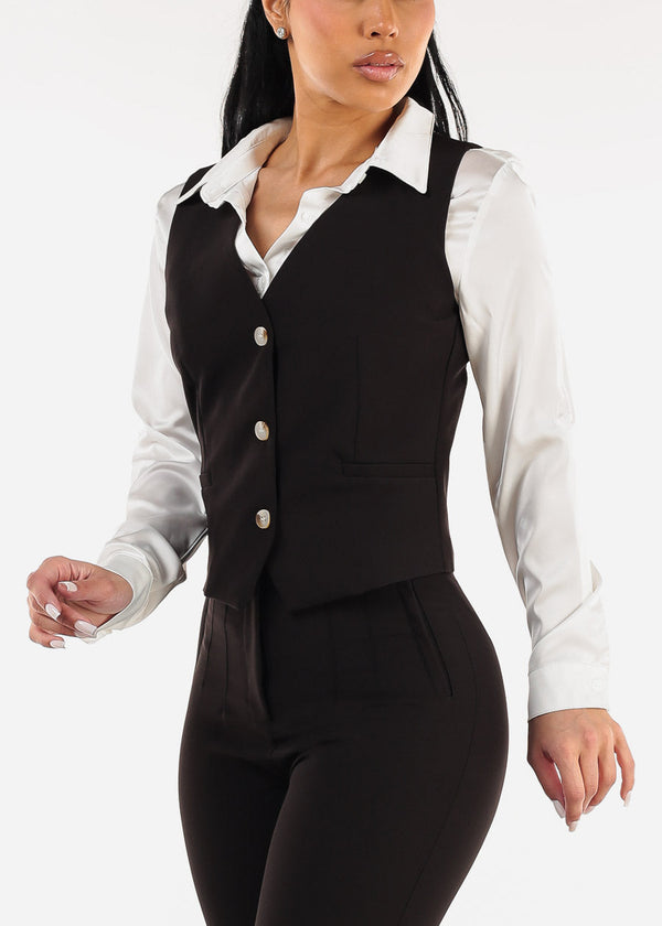 Black Sleeveless Vneck Button Up Dressy Vest