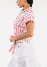 Short Sleeve Button Up Tie Front Stripe Blouse Terracotta