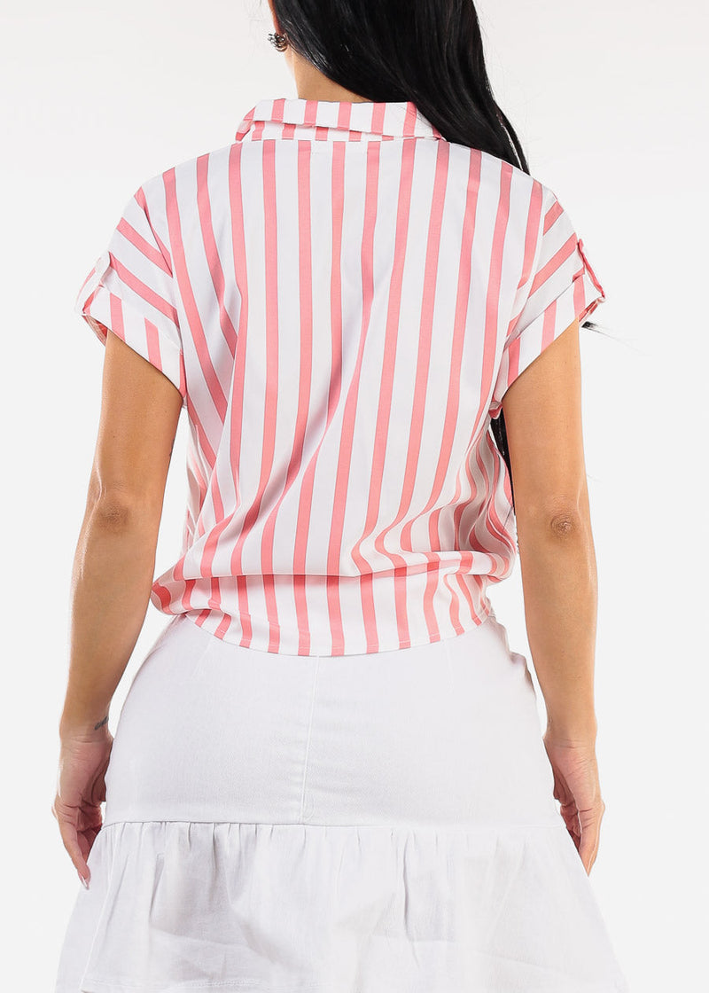 Short Sleeve Button Up Tie Front Stripe Blouse Terracotta