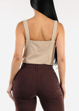 Sleeveless  Button Up Stripe Vest Top Beige