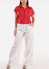 Short Sleeve Button Up Polka Dot Blouse Red
