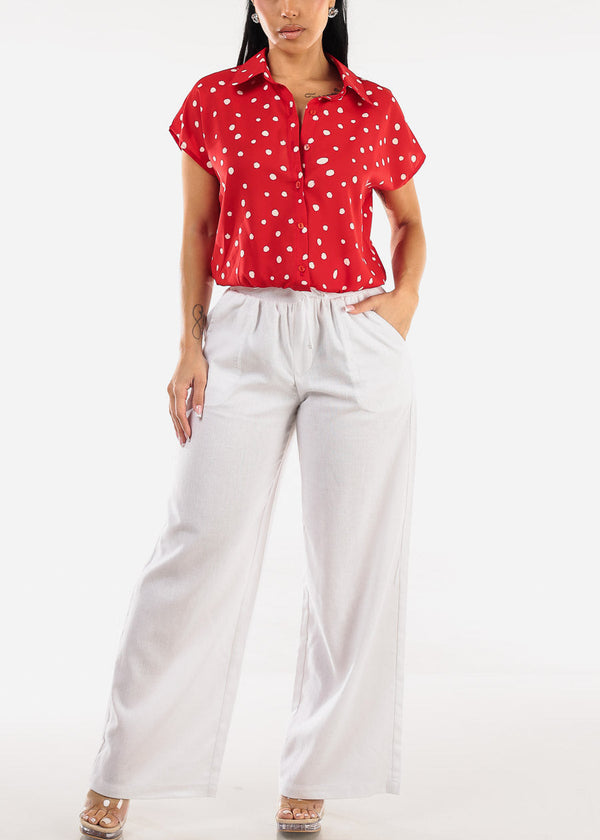 Short Sleeve Button Up Polka Dot Blouse Red