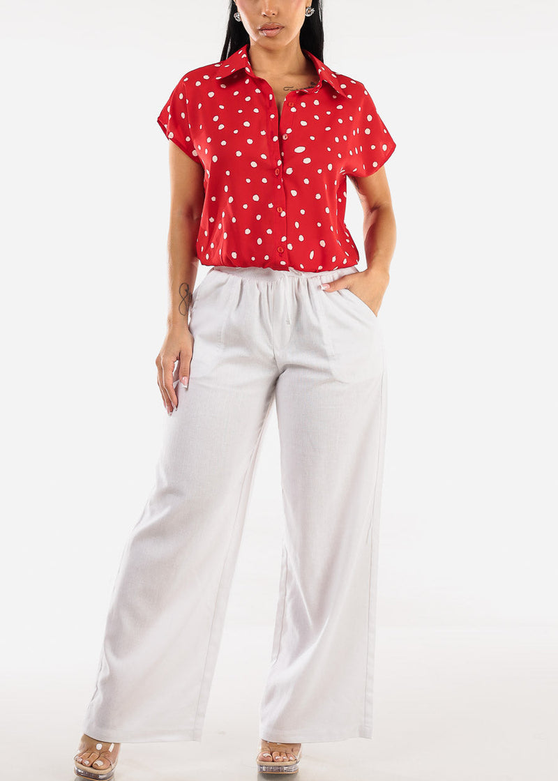 Short Sleeve Button Up Polka Dot Blouse Red