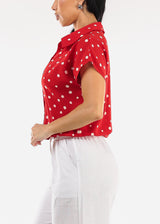 Short Sleeve Button Up Polka Dot Blouse Red
