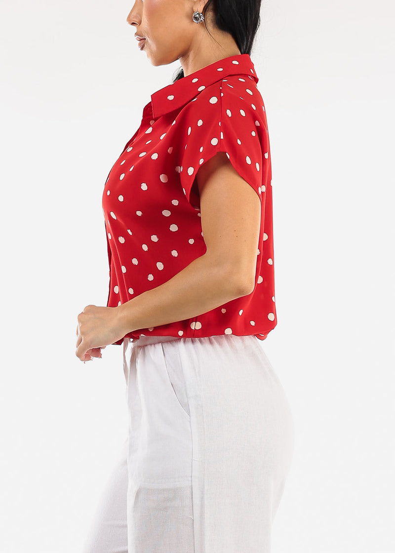 Short Sleeve Button Up Polka Dot Blouse Red