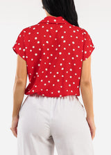 Short Sleeve Button Up Polka Dot Blouse Red