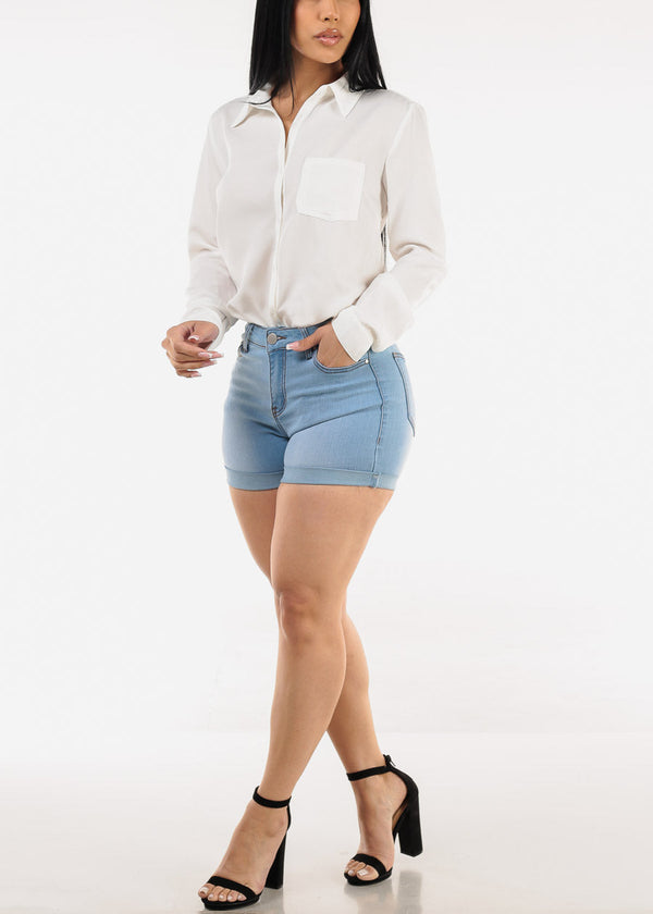 Long Sleeve Button Down Twill Collared Blouse Ivory