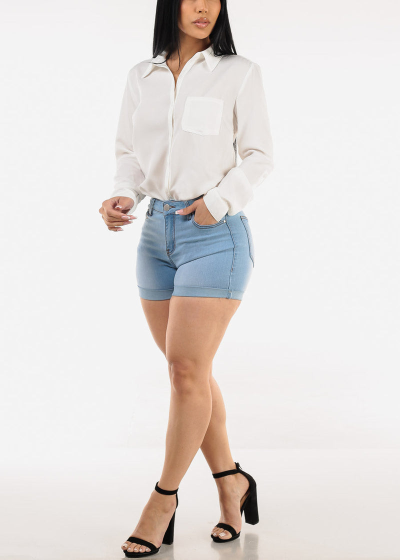Long Sleeve Button Down Twill Collared Blouse Ivory