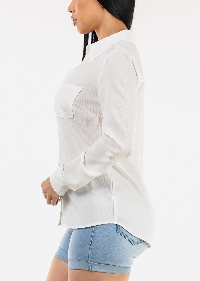 Long Sleeve Button Down Twill Collared Blouse Ivory