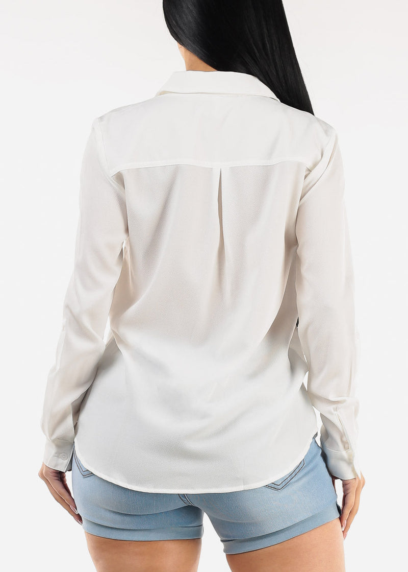 Long Sleeve Button Down Twill Collared Blouse Ivory