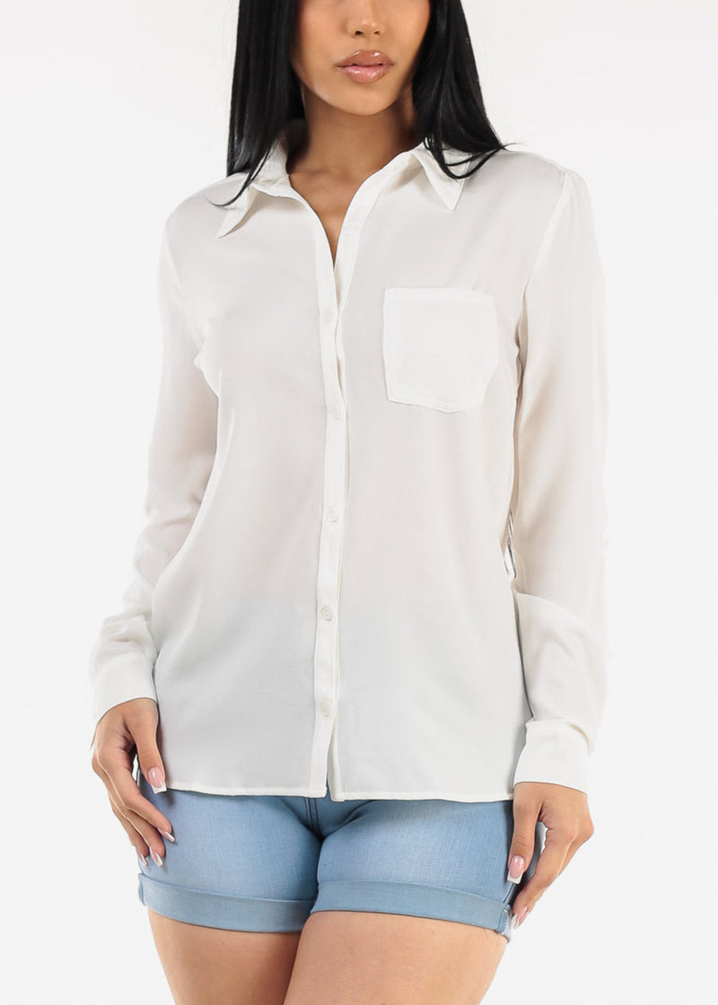 Long Sleeve Button Down Twill Collared Blouse Ivory