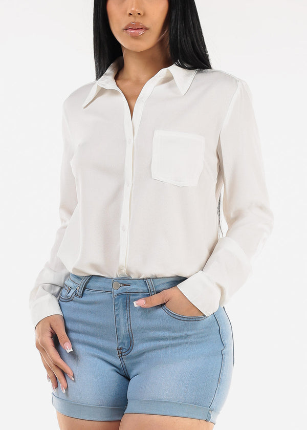 Long Sleeve Button Down Twill Collared Blouse Ivory
