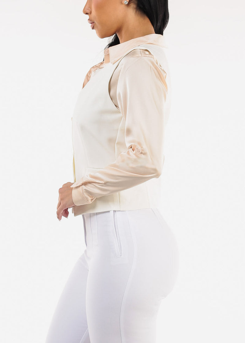 White Sleeveless Vneck Button Up Dressy Vest
