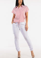 Short Sleeve Stripe Button Up Blouse Terracotta