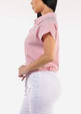Short Sleeve Stripe Button Up Blouse Terracotta