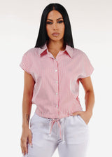 Short Sleeve Stripe Button Up Blouse Terracotta