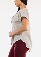 Short Sleeve Vneck High Low Stripe Blouse Ivory